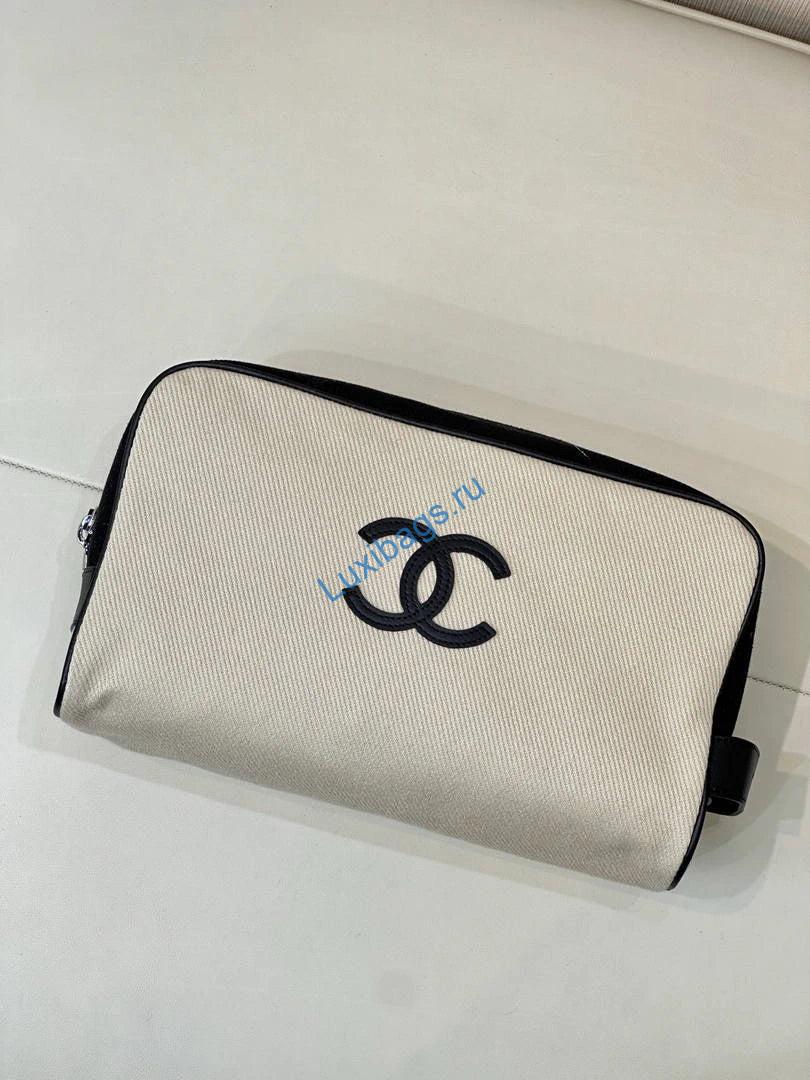 Chanel Large Zipped Pouch Canvas Calfskin & Silver-Tone Metal  AP5267 White &Black - Default Title - View 2