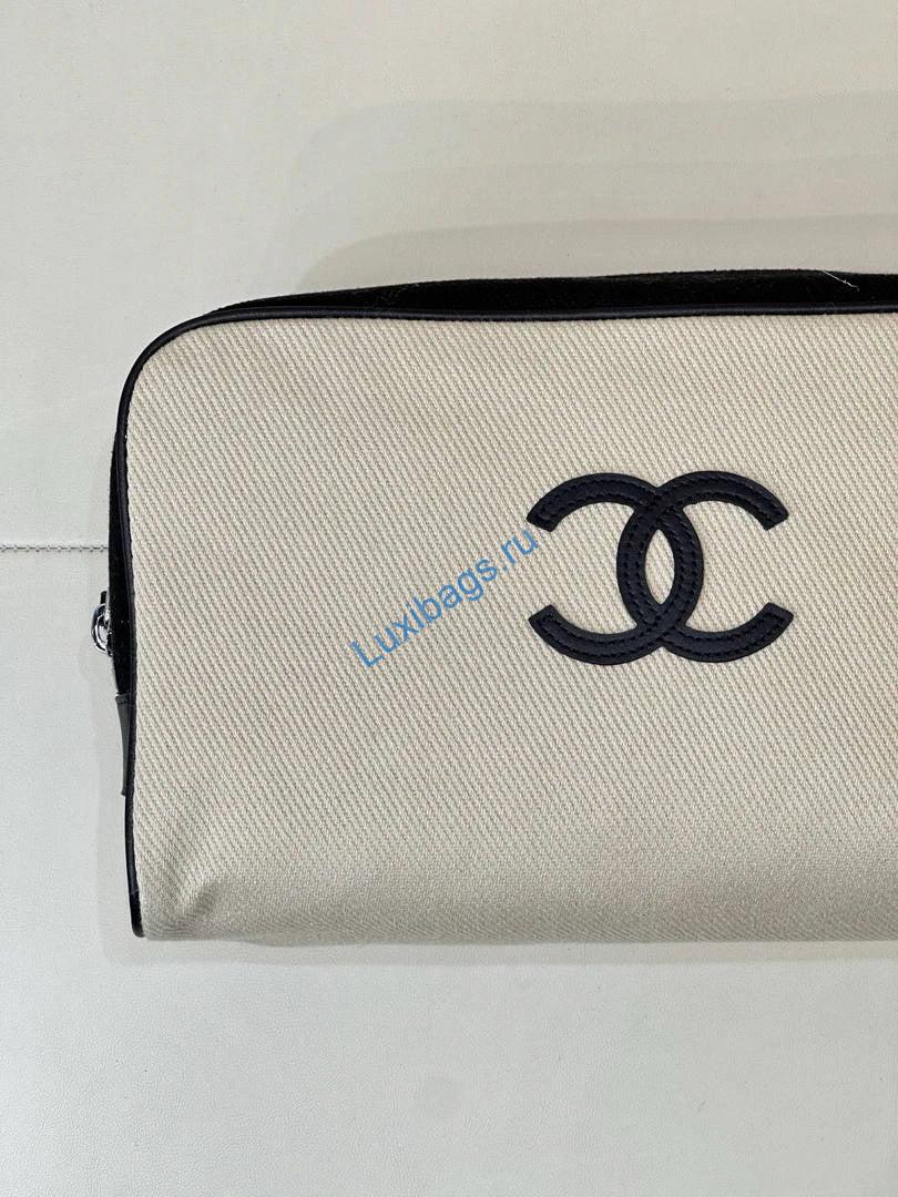 Chanel Large Zipped Pouch Canvas Calfskin & Silver-Tone Metal  AP5267 White &Black - Default Title - View 3