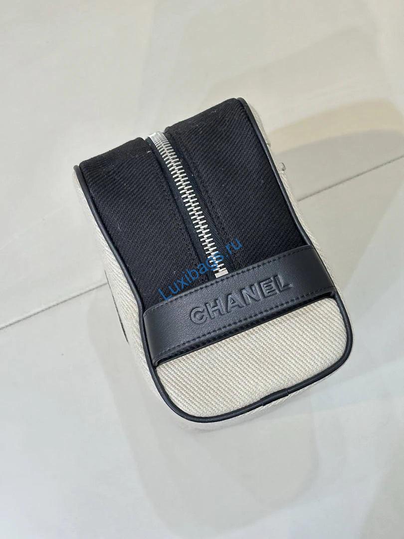 Chanel Large Zipped Pouch Canvas Calfskin & Silver-Tone Metal  AP5267 White &Black - Default Title - View 6
