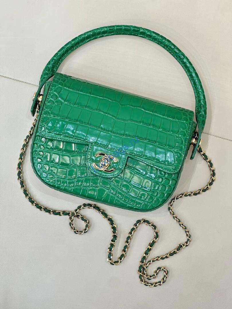 Chanel AS6424 Mini Flap Bag with Top Handle Crocodile Embossed Calfskin Green | as6424 mini flap bag with top handle crocodile embossed calfskin 02