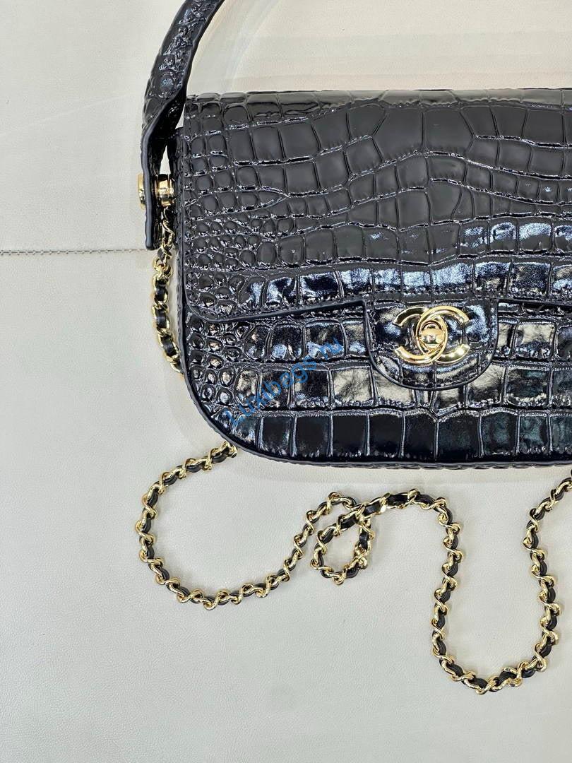 Chanel AS6424 Mini Flap Bag with Top Handle Crocodile Embossed Calfskin Black | as6424 mini flap bag with top handle crocodile embossed calfskin 115