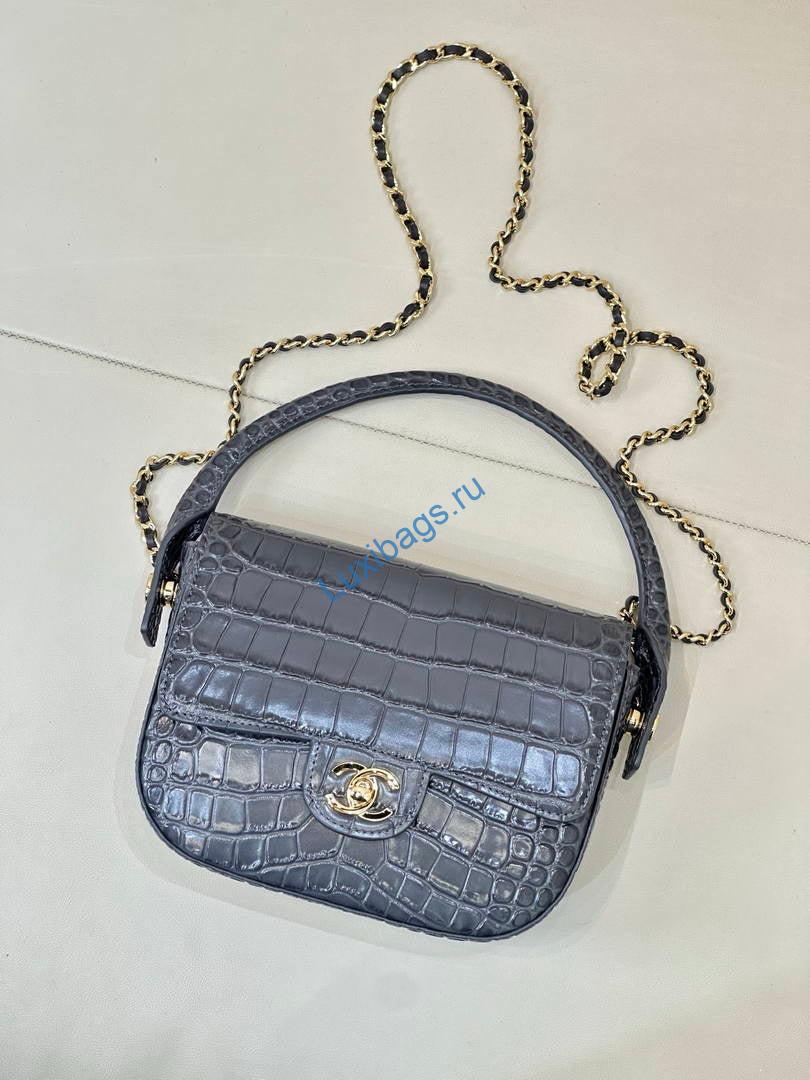Chanel AS6424 Mini Flap Bag with Top Handle Crocodile Embossed Calfskin Gray | as6424 mini flap bag with top handle crocodile embossed calfskin 121
