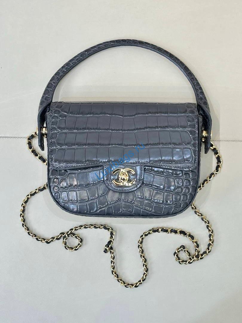Chanel AS6424 Mini Flap Bag with Top Handle Crocodile Embossed Calfskin Gray | as6424 mini flap bag with top handle crocodile embossed calfskin 122