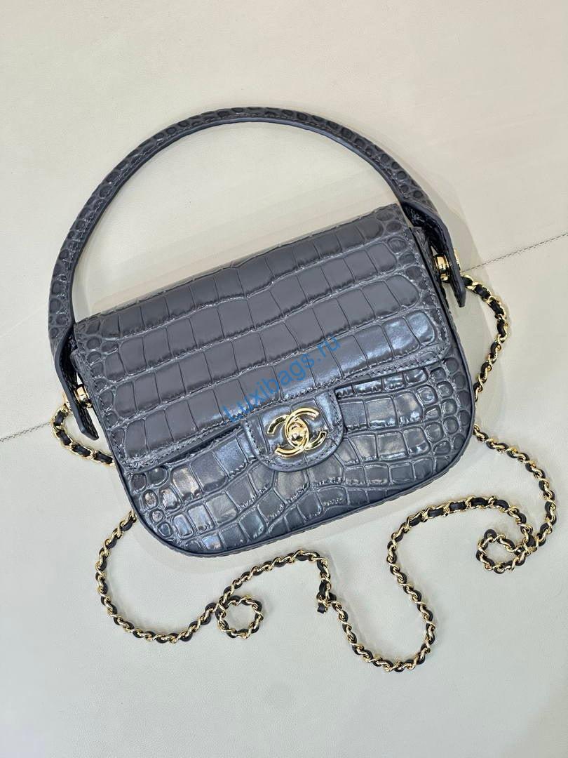 Chanel AS6424 Mini Flap Bag with Top Handle Crocodile Embossed Calfskin Gray | as6424 mini flap bag with top handle crocodile embossed calfskin 123