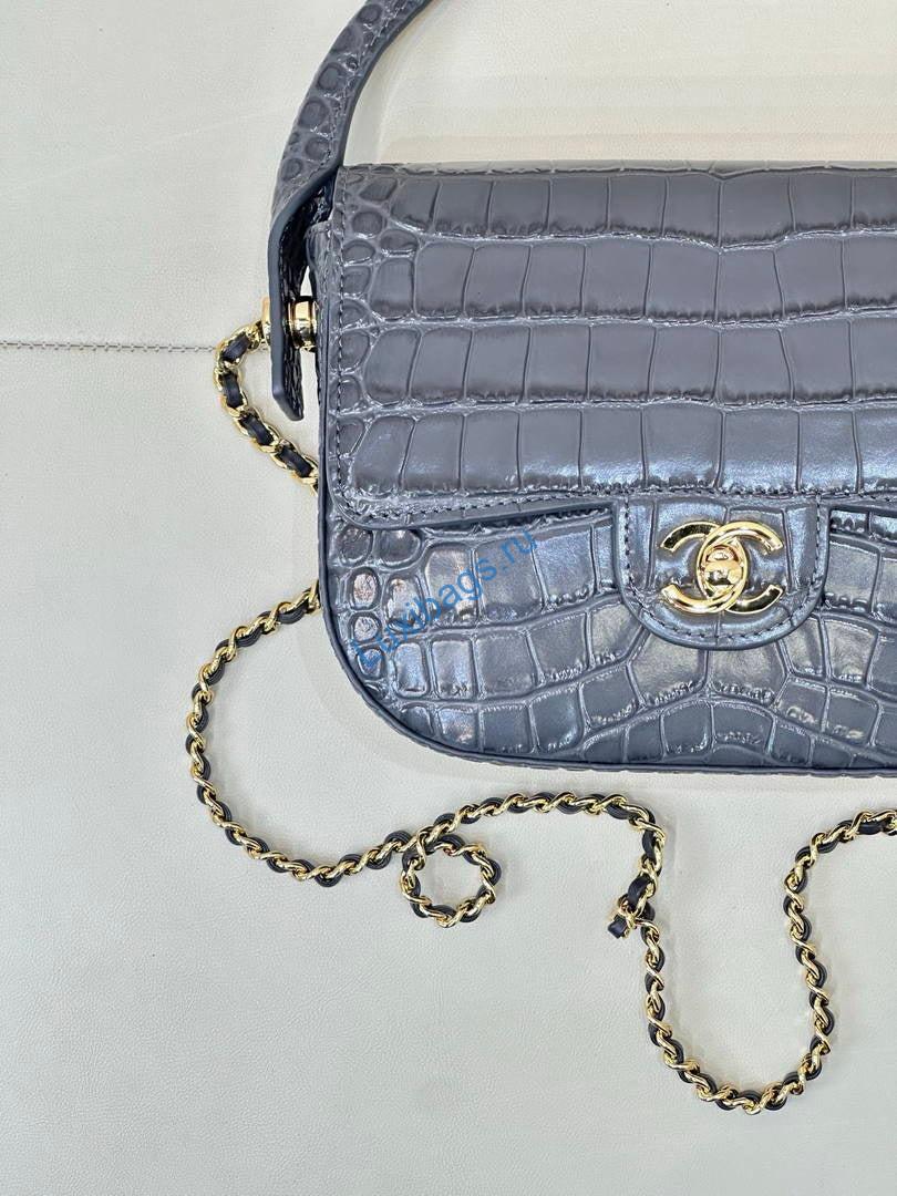 Chanel AS6424 Mini Flap Bag with Top Handle Crocodile Embossed Calfskin Gray | as6424 mini flap bag with top handle crocodile embossed calfskin 124