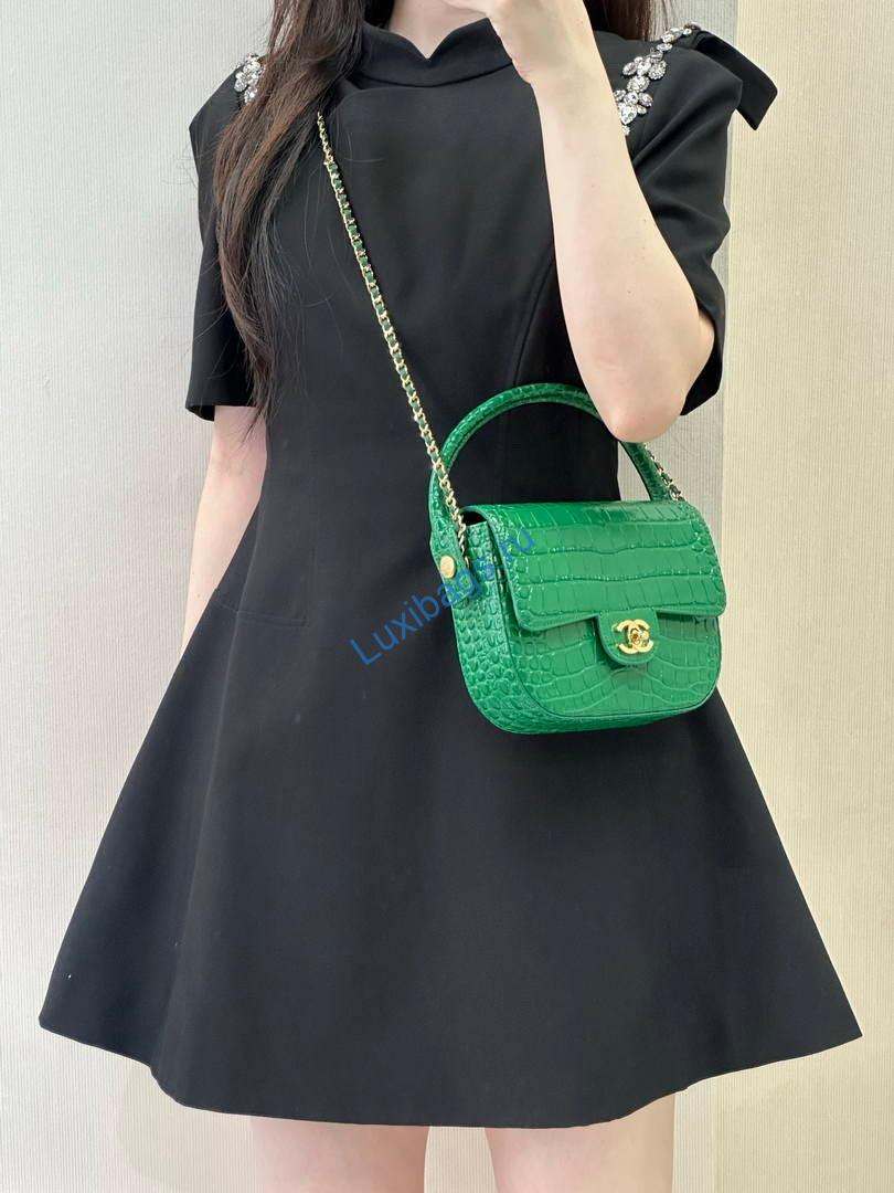 Chanel AS6424 Mini Flap Bag with Top Handle Crocodile Embossed Calfskin Green | as6424 mini flap bag with top handle crocodile embossed calfskin 129