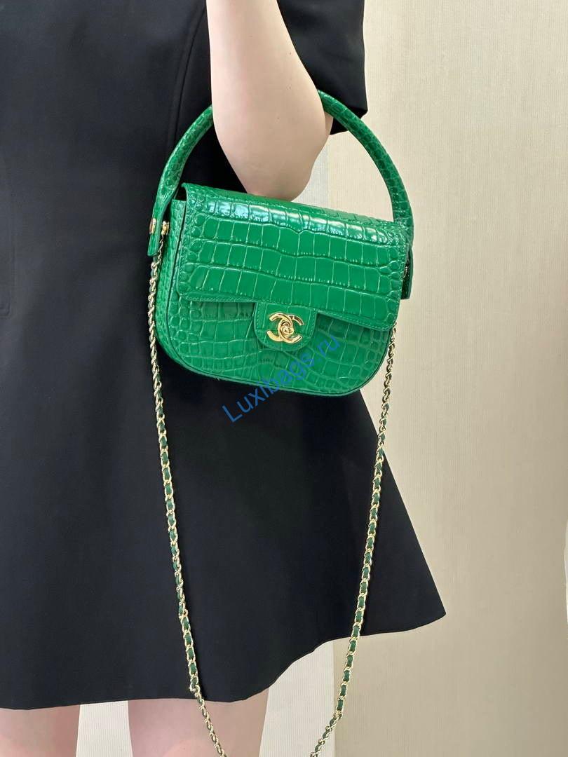 Chanel AS6424 Mini Flap Bag with Top Handle Crocodile Embossed Calfskin Green | as6424 mini flap bag with top handle crocodile embossed calfskin 130