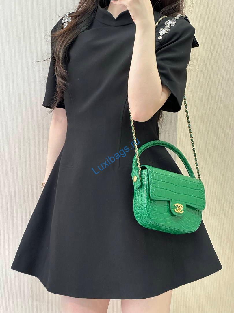 Chanel AS6424 Mini Flap Bag with Top Handle Crocodile Embossed Calfskin Green | as6424 mini flap bag with top handle crocodile embossed calfskin 133