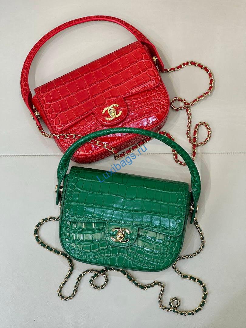 Chanel AS6424 Mini Flap Bag with Top Handle Crocodile Embossed Calfskin Green | as6424 mini flap bag with top handle crocodile embossed calfskin 20