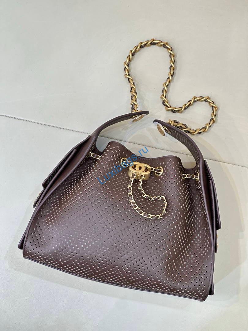 Chanel AS5293 Small Hobo Preforated Calfskin Dark Brown | as5293 small hobo hollow out lambskin 113