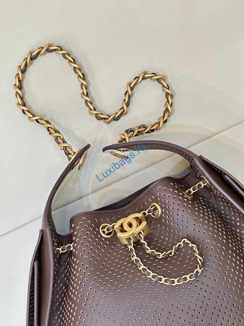 Chanel AS5293 Small Hobo Preforated Calfskin Dark Brown | as5293 small hobo hollow out lambskin 114