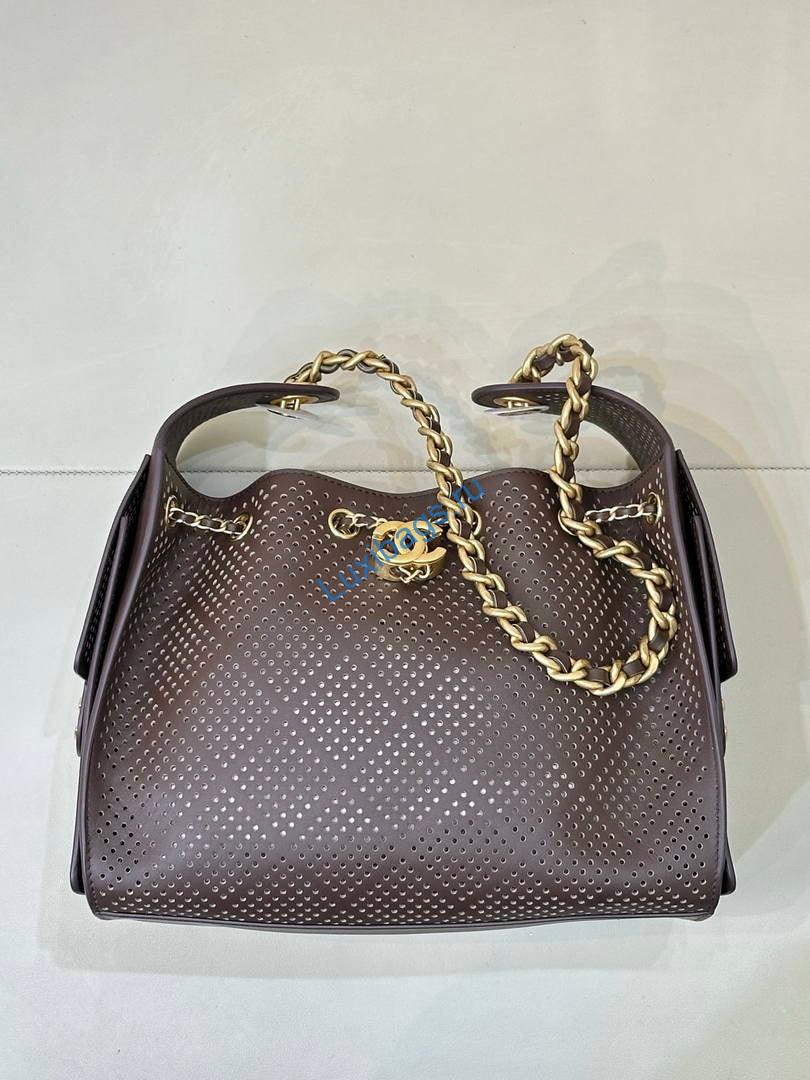 Chanel AS5293 Small Hobo Preforated Calfskin Dark Brown | as5293 small hobo hollow out lambskin 115