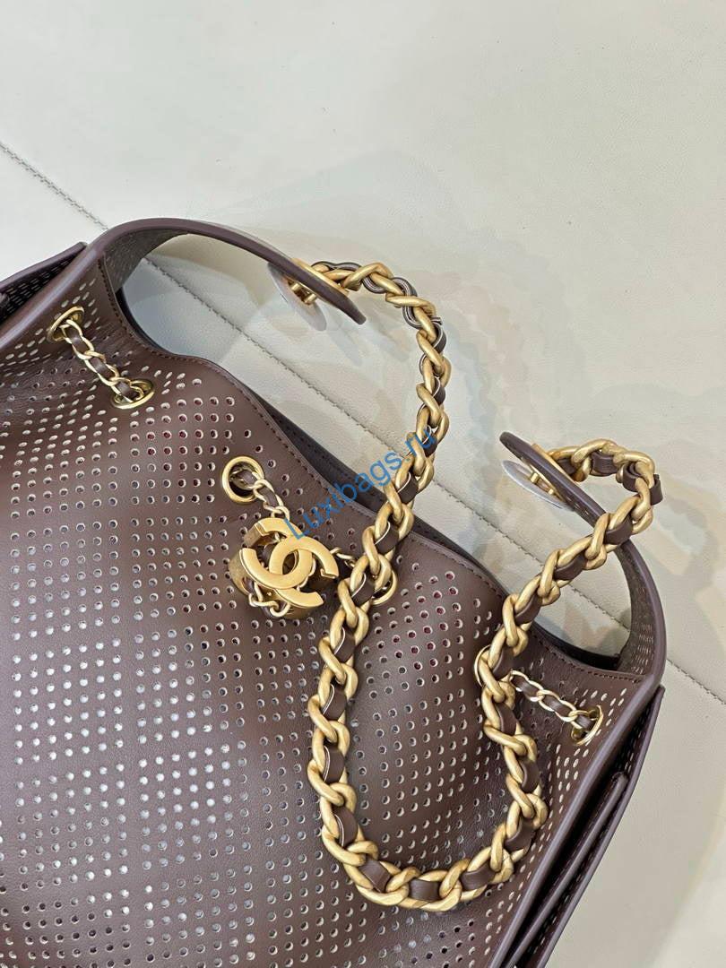 Chanel AS5293 Small Hobo Preforated Calfskin Dark Brown | as5293 small hobo hollow out lambskin 116