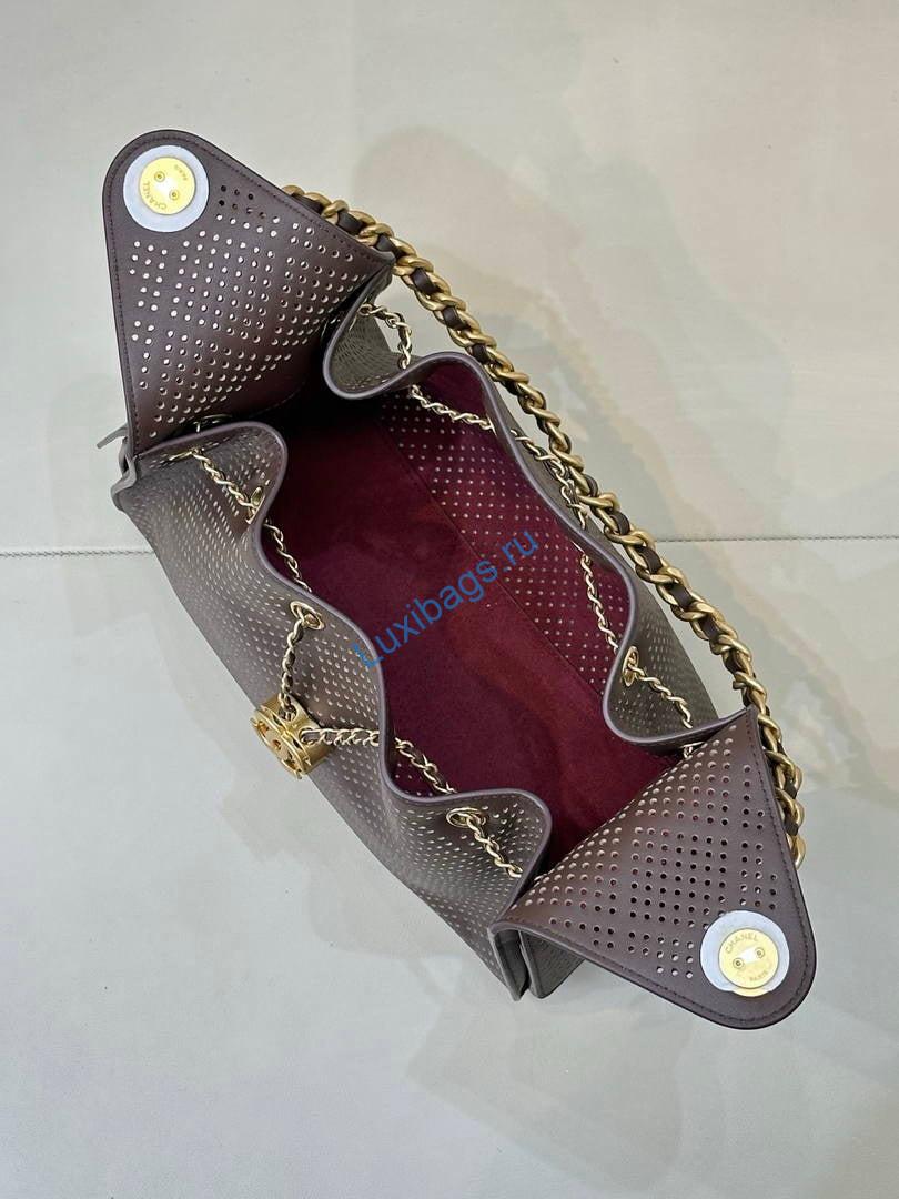 Chanel AS5293 Small Hobo Preforated Calfskin Dark Brown | as5293 small hobo hollow out lambskin 120