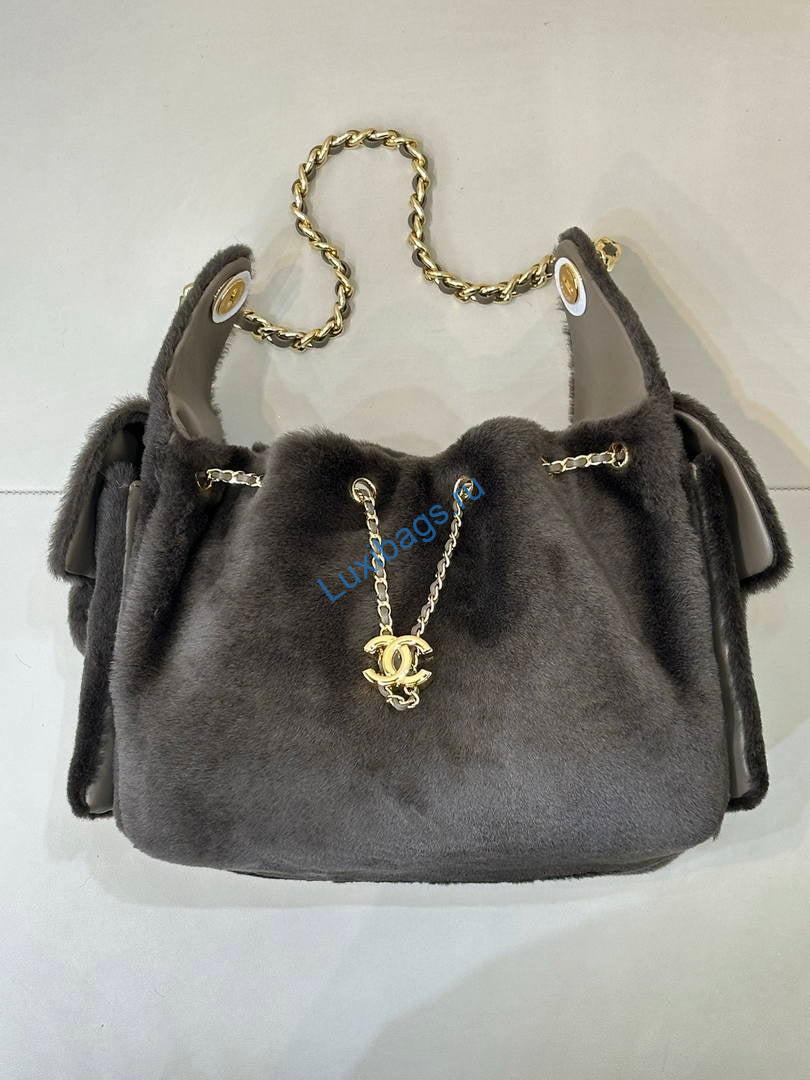 Chanel AS5293 Small Hobo fur & Shearling Dark Gray | chanel as5293 small hobo lambskin gold 193