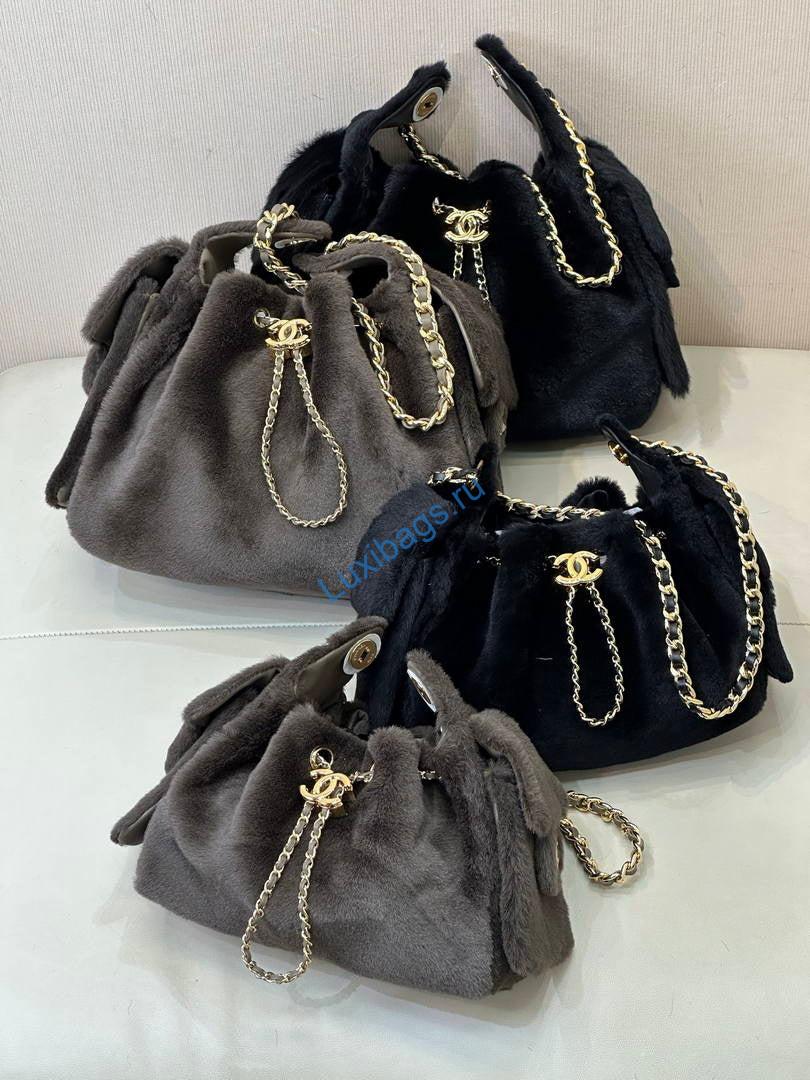 Chanel AS5293 Small Hobo fur & Shearling Dark Gray | chanel as5293 small hobo lambskin gold 199