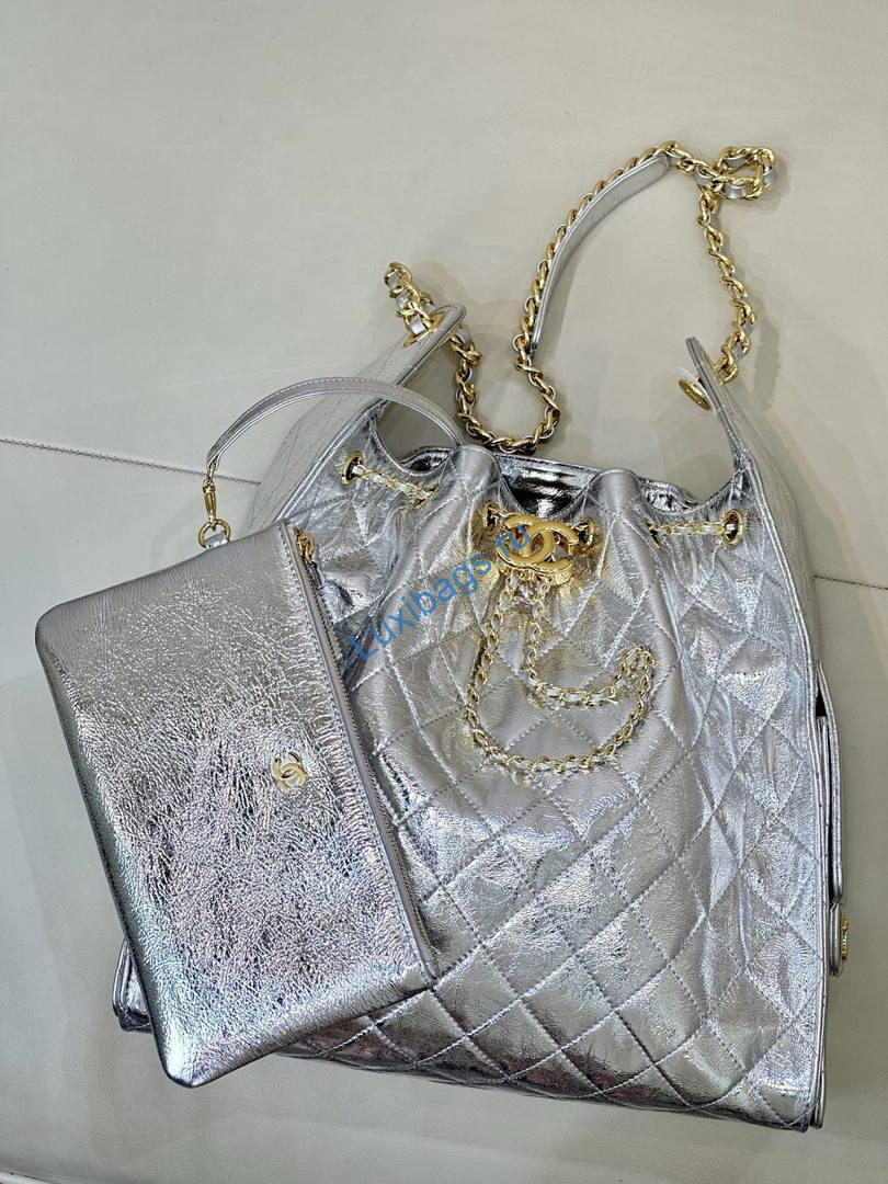 Chanel AS5311 Hobo Bag Silver Lambskin Gold-Tone Metal | chanel as5311 hobo bag silver lambskin 02