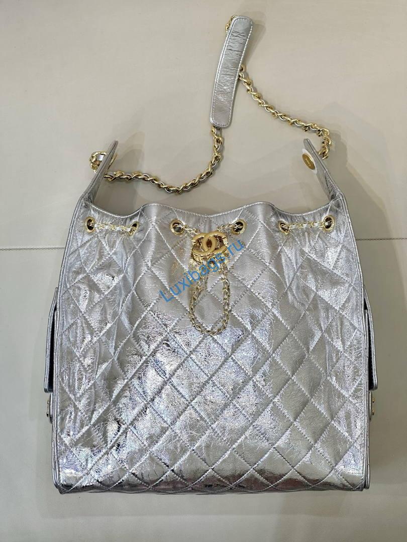 Chanel AS5311 Hobo Bag Silver Lambskin Gold-Tone Metal | chanel as5311 hobo bag silver lambskin 03