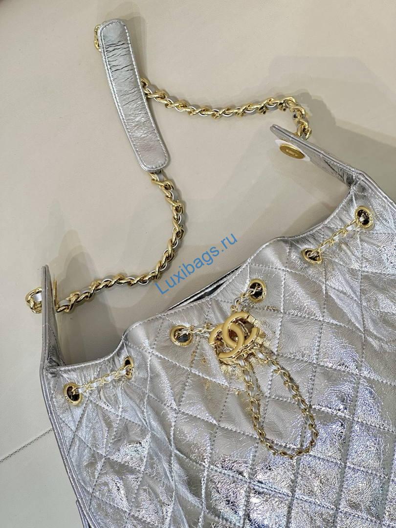 Chanel AS5311 Hobo Bag Silver Lambskin Gold-Tone Metal | chanel as5311 hobo bag silver lambskin 04