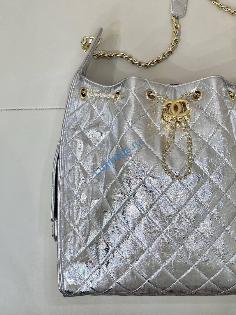 Chanel AS5311 Hobo Bag Silver Lambskin Gold-Tone Metal | chanel as5311 hobo bag silver lambskin 05