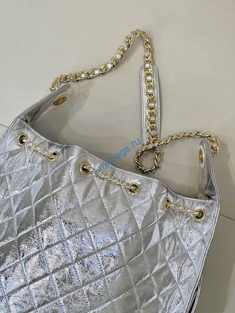 Chanel AS5311 Hobo Bag Silver Lambskin Gold-Tone Metal | chanel as5311 hobo bag silver lambskin 08