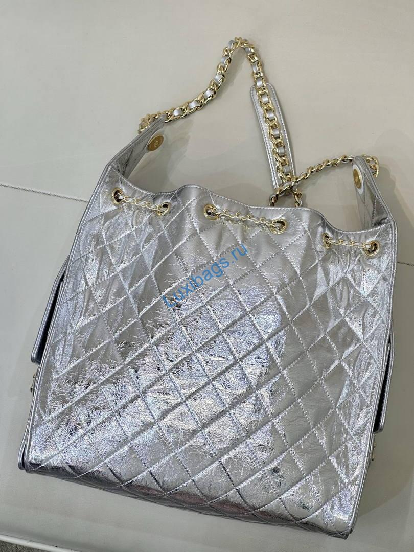 Chanel AS5311 Hobo Bag Silver Lambskin Gold-Tone Metal | chanel as5311 hobo bag silver lambskin 09