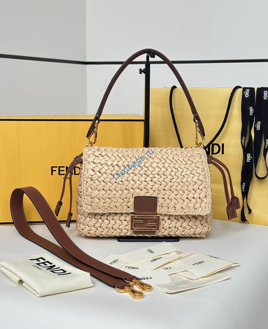 Fendi 8BR833AWQCF1WGE Mamma Baguette Medium Natural-colored raffia-effect woven bag